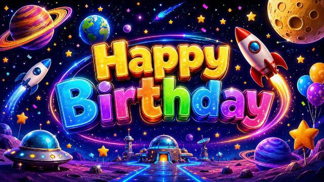 Space 4K birthday background shown on a TV screen