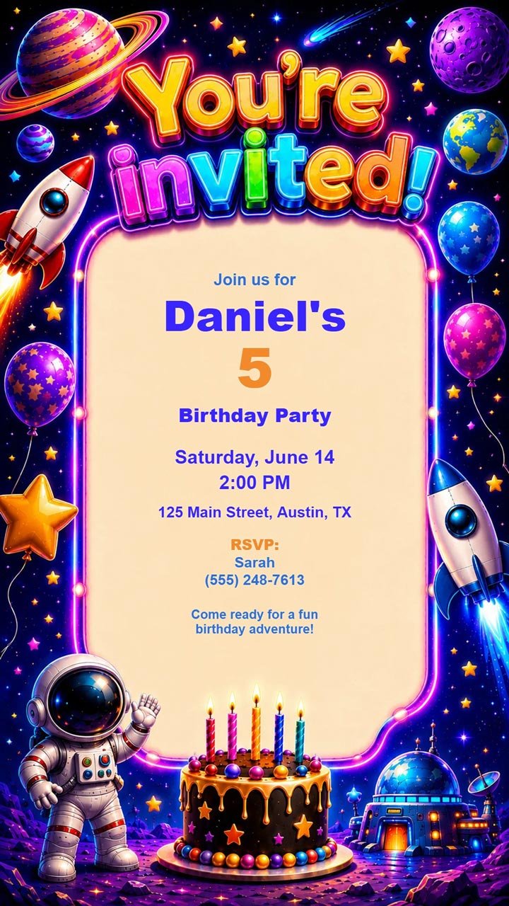 Colorful space birthday invitation digital preview with planets and rocket party theme