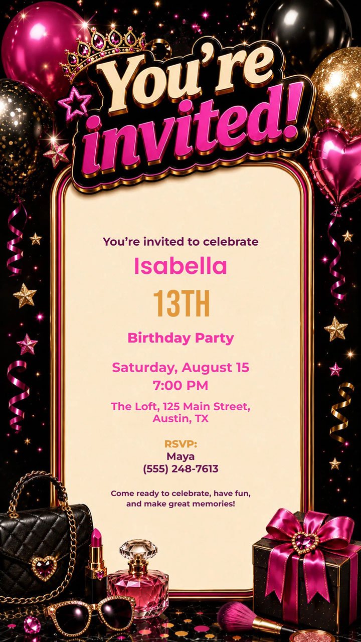 Pink black glam teen birthday invitation digital preview