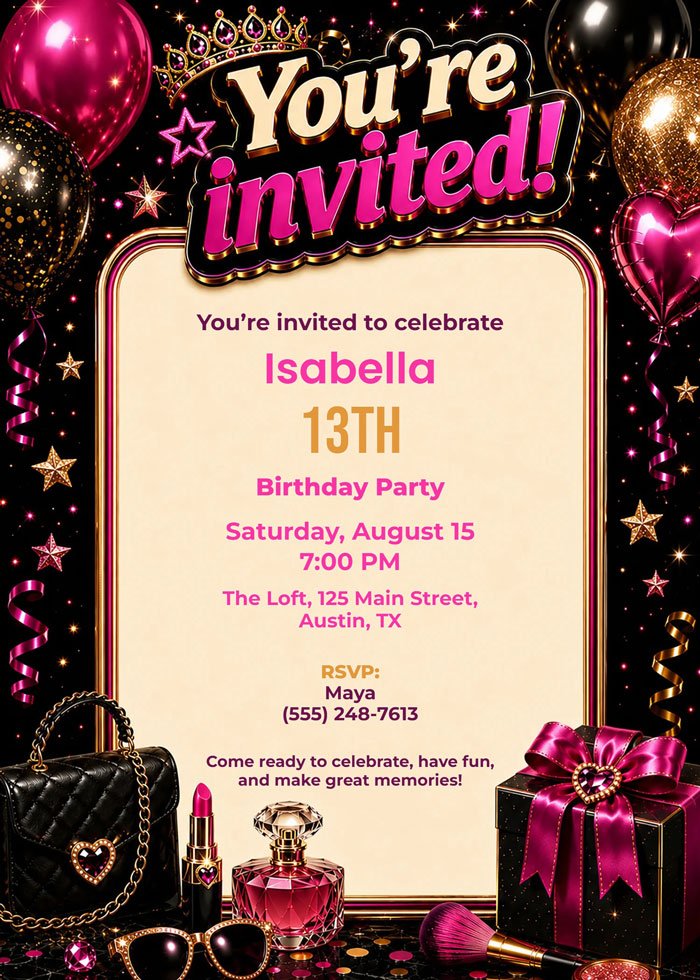 Black Pink Glam Teen Birthday Invitation