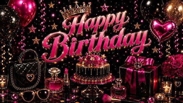 Pink and black glam 4K birthday background shown on a TV screen