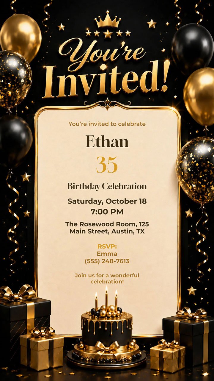 Black and gold birthday invitation digital preview for elegant adult party