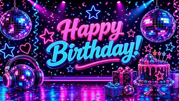 Neon disco 4K birthday background shown on a TV screen