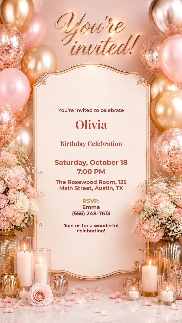 Peach pink gold birthday invitation digital preview for elegant women birthday party
