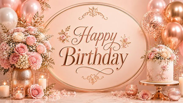 Peach pink gold 4K birthday background shown on a TV screen