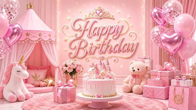 Pink princess 4K birthday background shown on a TV screen