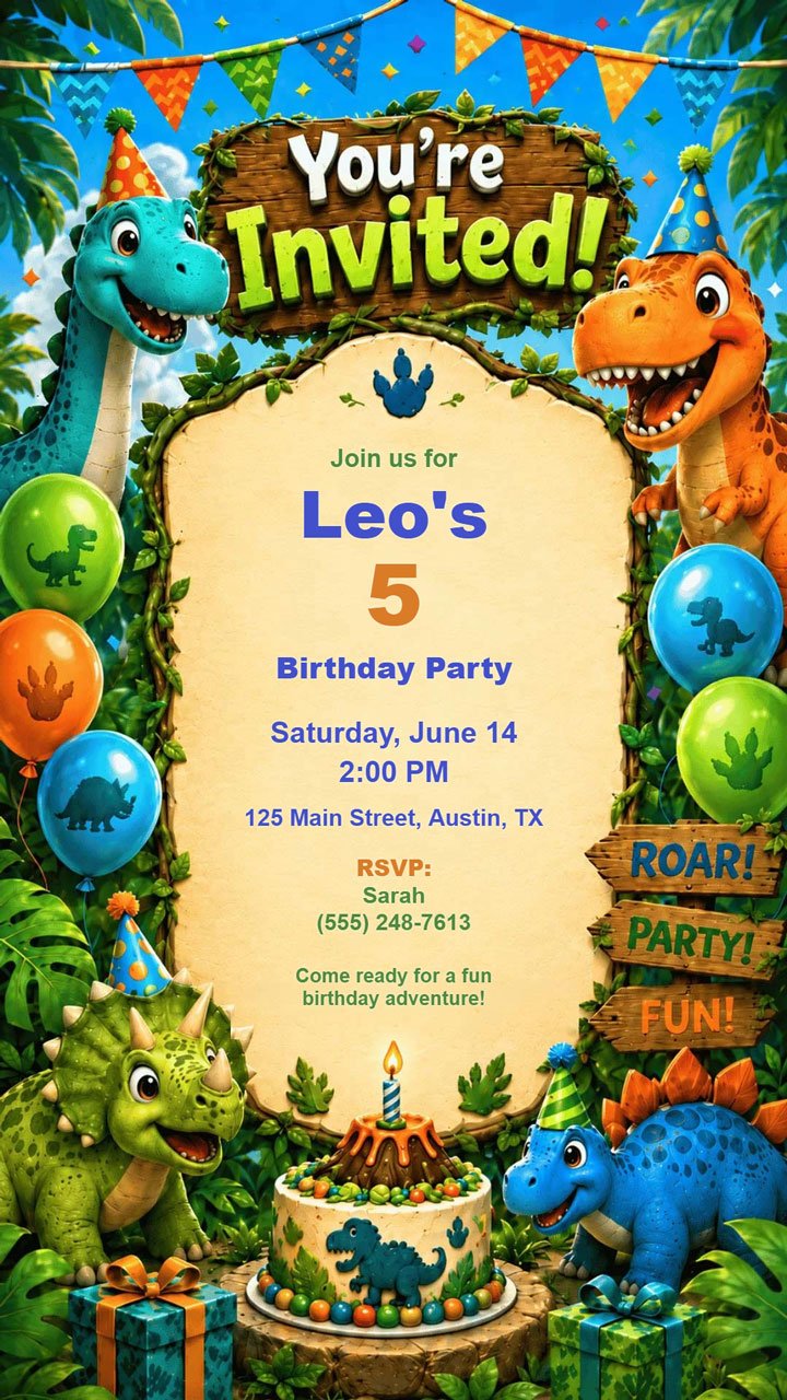 Dino Roar birthday invitation digital preview with dinosaur party theme