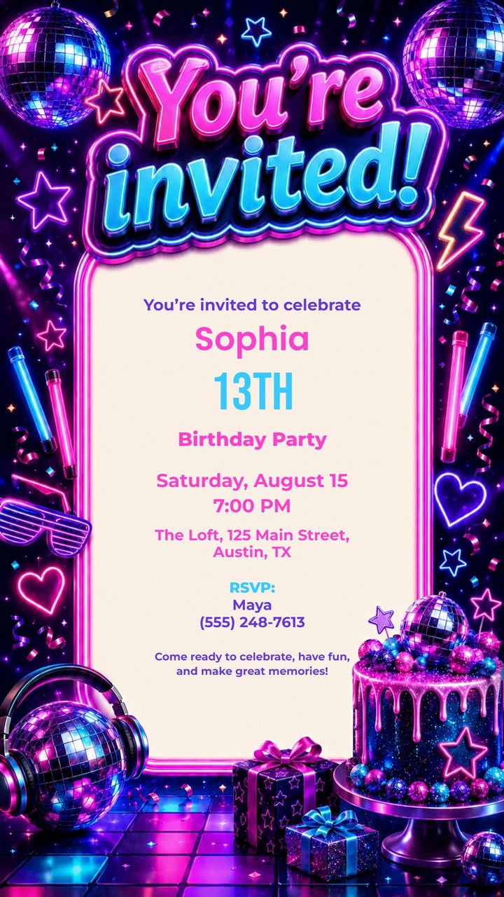 Neon disco teen birthday invitation digital preview with colorful dance party theme
