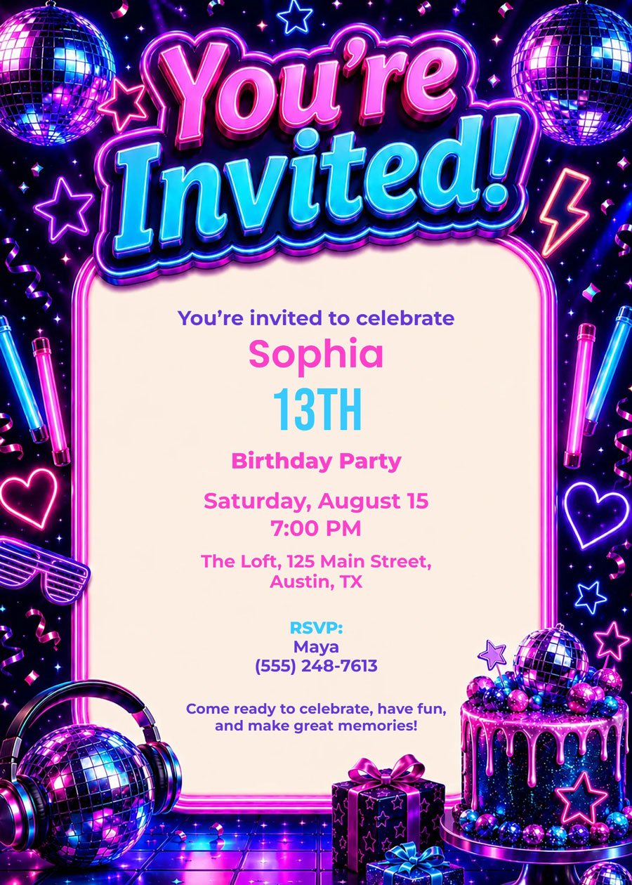 Neon Disco Teen Birthday Invitation