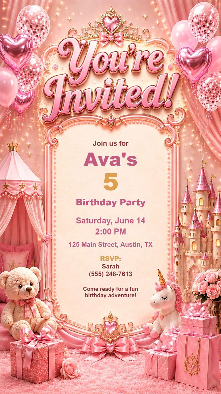 Pink princess birthday invitation digital preview with soft pink royal party theme
