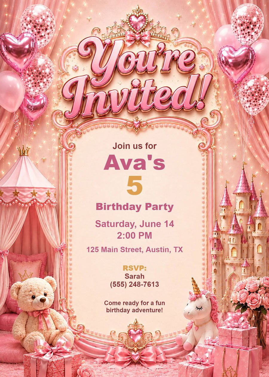 Pink Princess Birthday Invitation