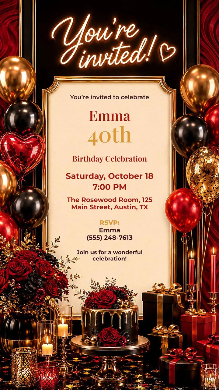 Red black gold birthday invitation digital preview for glamorous adult party