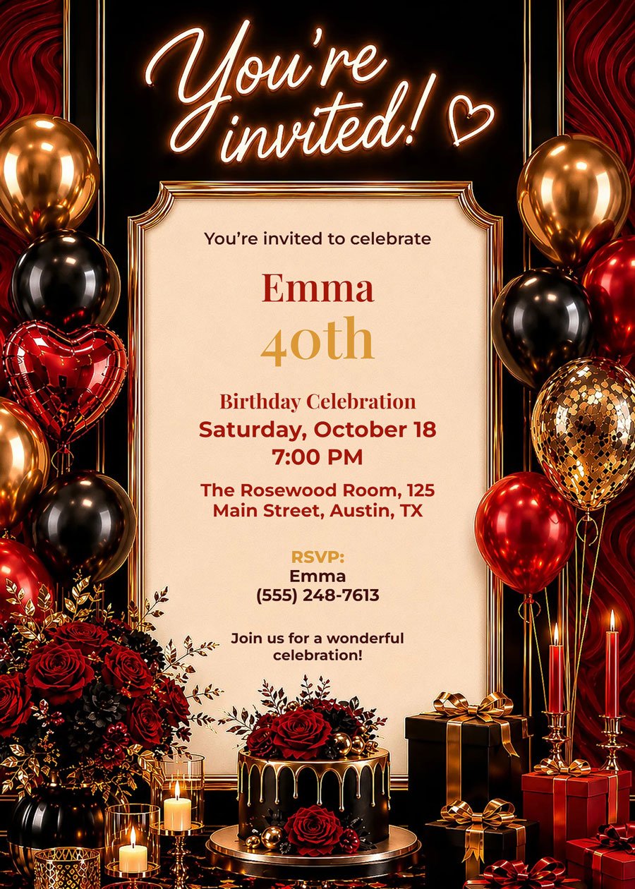 Elegant Red Black Gold Birthday Invitation