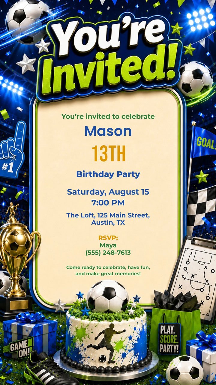 Soccer goal birthday invitation digital preview with green sport party theme