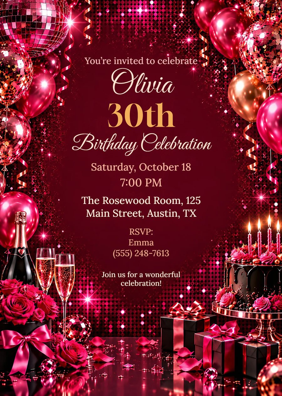 30th Birthday Hot Pink Glam Party Invitation