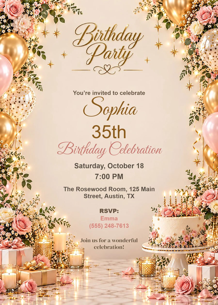 Candlelight Blush & Gold Birthday Invitation
